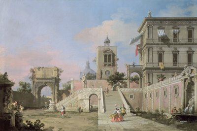Capricho de vuelos gemelos de escaleras que conducen a un palacio, c.1750 de Giovanni Antonio Canal